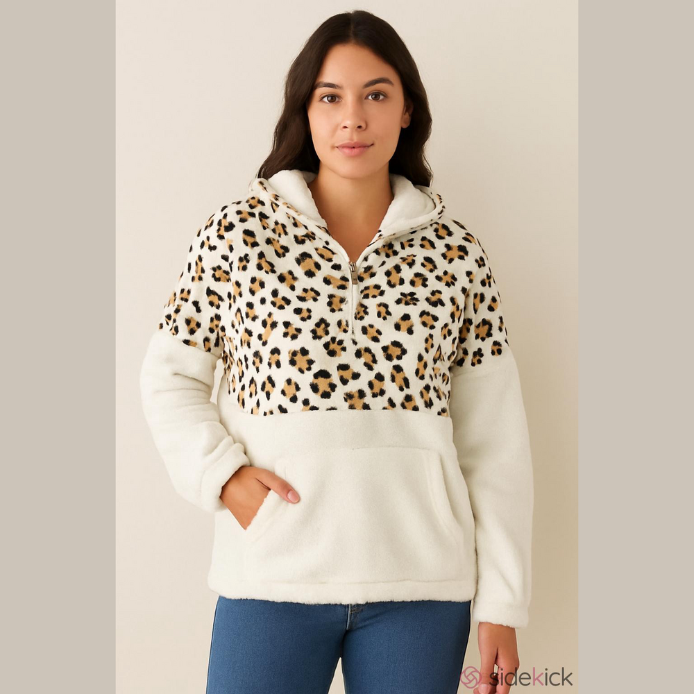 Fluffy Fleece Hoodie, Size M, Soft 1/4 Zip Pullover. PTP 25”, L 24”,   (T6)